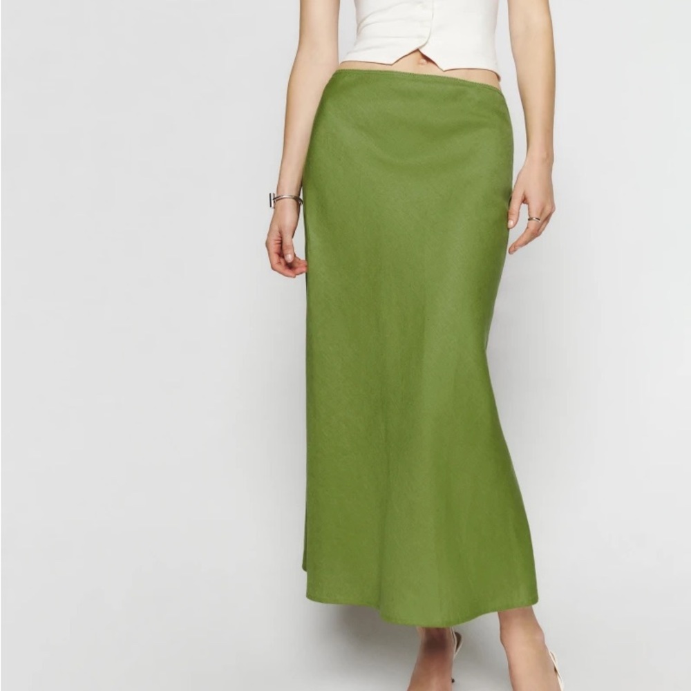 Reformation Layla Linen Bias Green Skirt.
